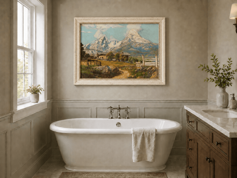 Framed hand-painted alpine farmhouse oil painting beneath distant snow-capped peaks displayed above a freestanding bathtub.