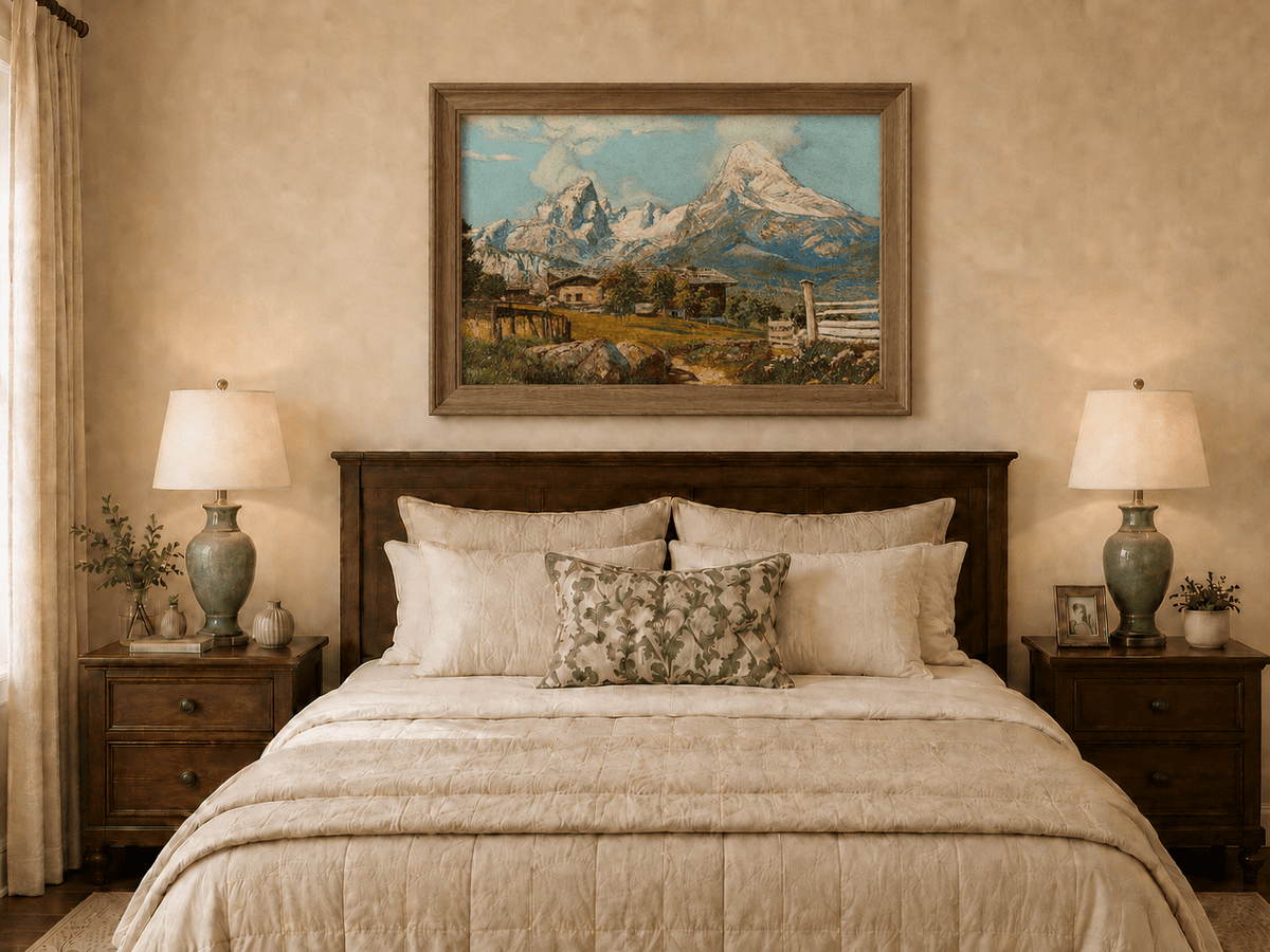 Framed hand-painted alpine farmhouse oil painting beneath distant snow-capped peaks displayed above a wooden bed in a neutral bedroom.