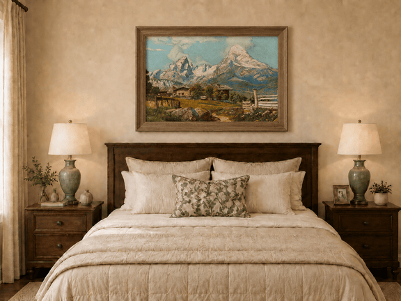 Framed hand-painted alpine farmhouse oil painting beneath distant snow-capped peaks displayed above a wooden bed in a neutral bedroom.