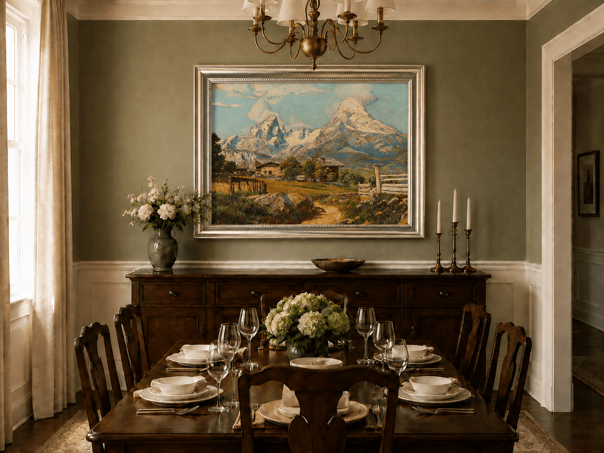 Framed hand-painted alpine farmhouse oil painting beneath distant snow-capped peaks displayed above a formal dining table.