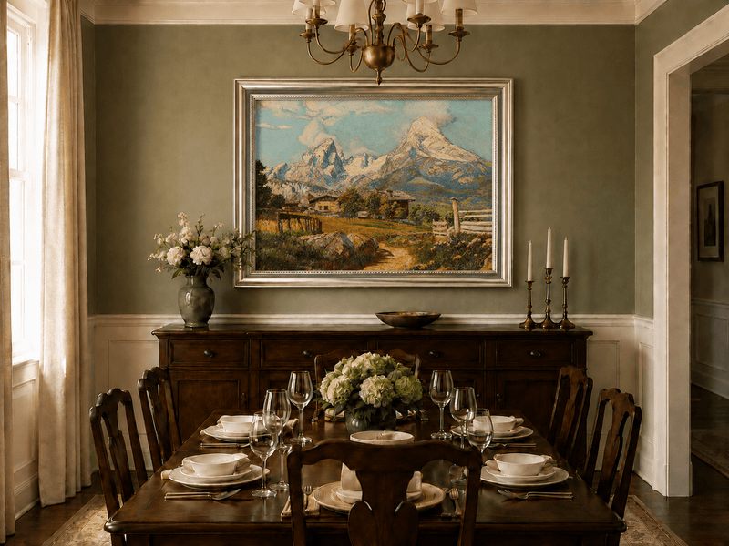 Framed hand-painted alpine farmhouse oil painting beneath distant snow-capped peaks displayed above a formal dining table.