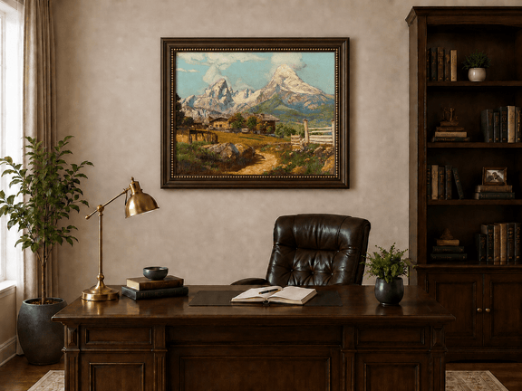Framed hand-painted alpine farmhouse oil painting beneath distant snow-capped peaks displayed above a traditional home office desk.