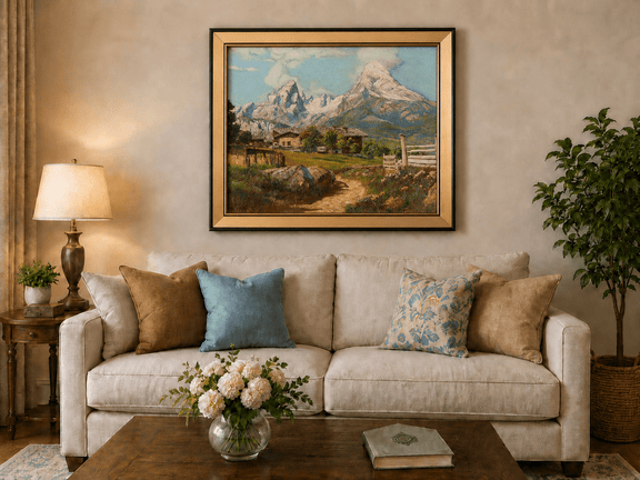 Framed hand-painted alpine farmhouse oil painting beneath distant snow-capped peaks displayed above a neutral living room sofa.