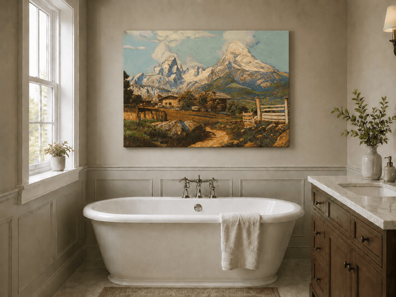 Unframed hand-painted alpine farmhouse oil painting beneath distant snow-capped peaks displayed above a freestanding bathtub.