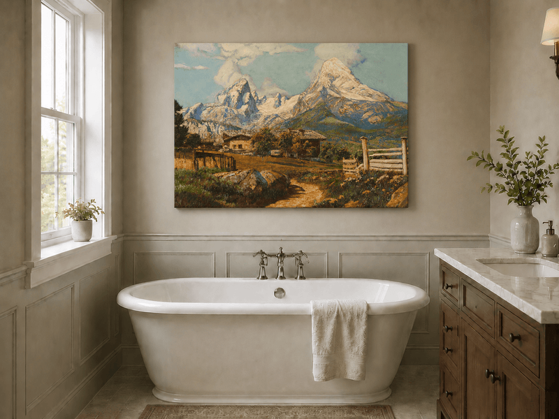 Unframed hand-painted alpine farmhouse oil painting beneath distant snow-capped peaks displayed above a freestanding bathtub.