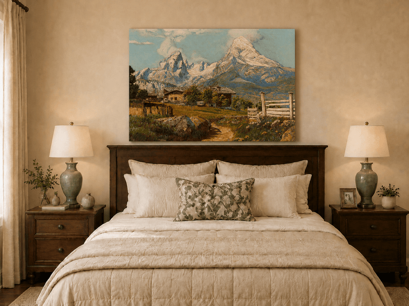 Unframed hand-painted alpine farmhouse oil painting beneath distant snow-capped peaks displayed above a wooden bed in a neutral bedroom.