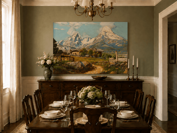 Unframed hand-painted alpine farmhouse oil painting beneath distant snow-capped peaks displayed above a formal dining table.