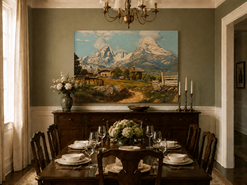Unframed hand-painted alpine farmhouse oil painting beneath distant snow-capped peaks displayed above a formal dining table.