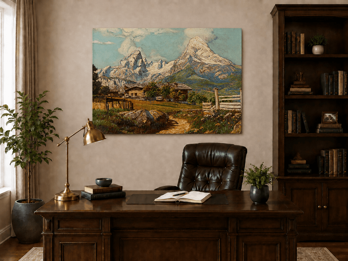 Unframed hand-painted alpine farmhouse oil painting beneath distant snow-capped peaks displayed above a traditional home office desk.