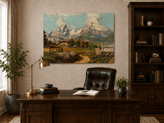 Unframed hand-painted alpine farmhouse oil painting beneath distant snow-capped peaks displayed above a traditional home office desk.
