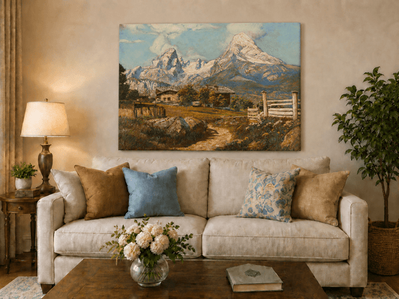 Unframed hand-painted alpine farmhouse oil painting beneath distant snow-capped peaks displayed above a neutral living room sofa.