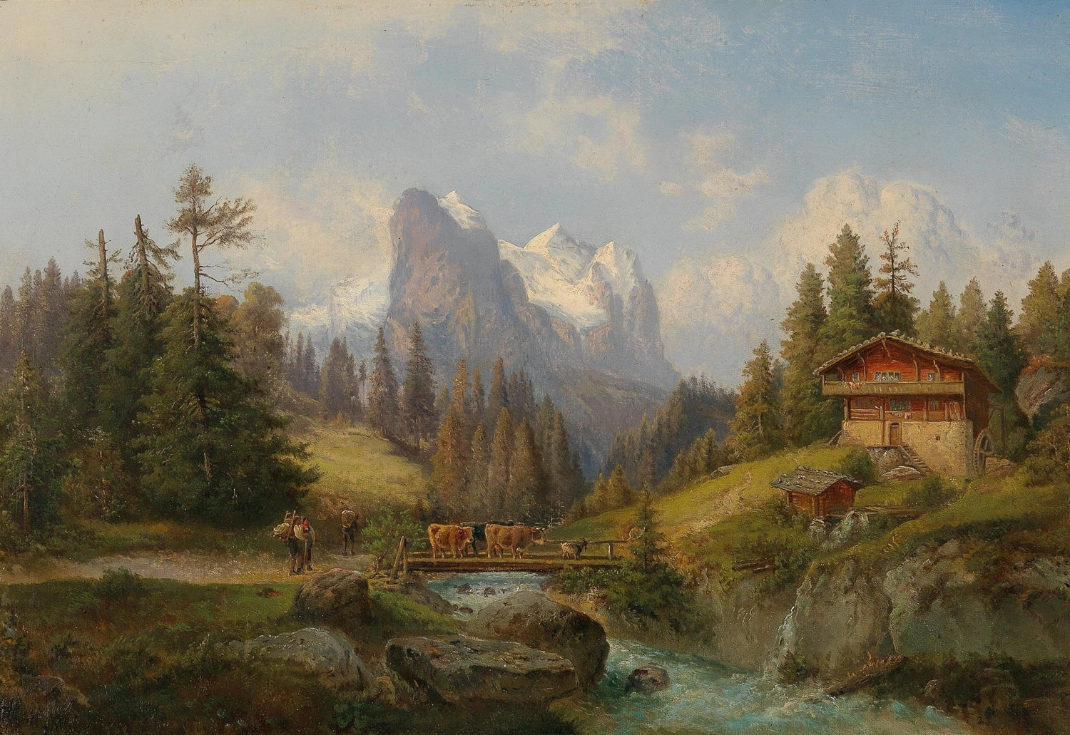 Alpine Farmstead, Stream, Cattle, Snowy Peaks – Landscape Oil Painting - Oil Painting Haven