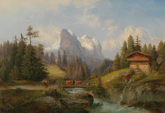 Alpine Farmstead, Stream, Cattle, Snowy Peaks – Landscape Oil Painting - Oil Painting Haven