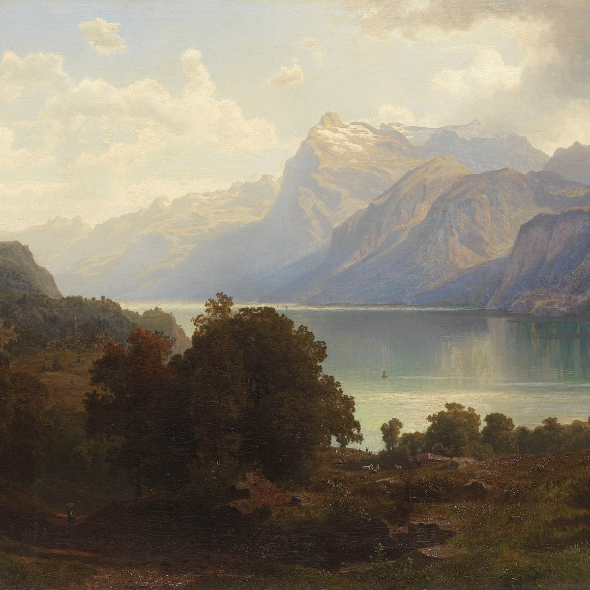 Alpine Lake and Mountains | Hand - Painted Landscape Oil Painting - Oil Painting Haven