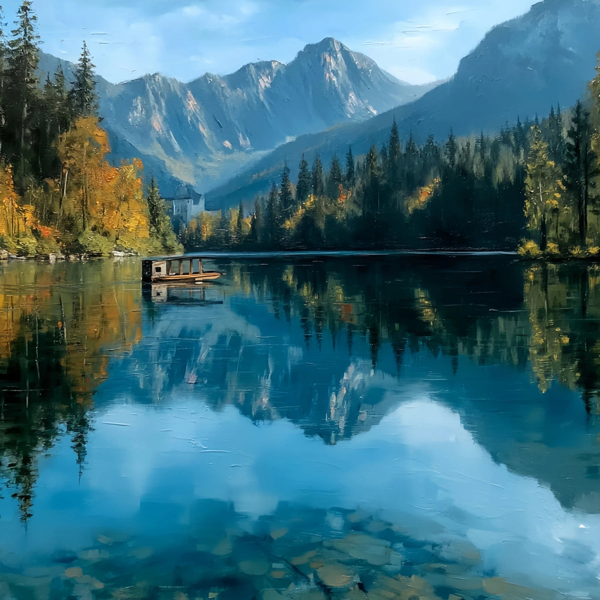 Alpine Lake Boat Original Oil Painting For Sale | Landscape - Oil Painting Haven