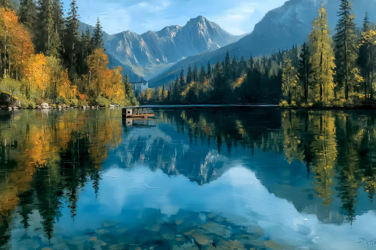 Alpine Lake Boat Original Oil Painting For Sale | Landscape - Oil Painting Haven