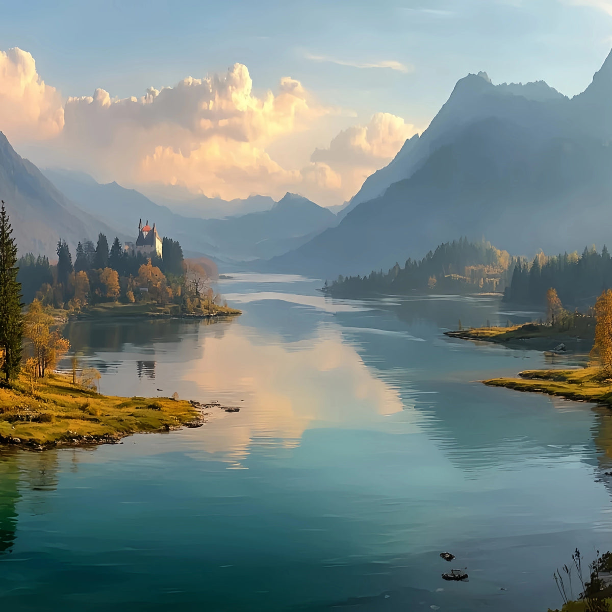 Alpine Lake Castle Original Oil Painting For Sale | Landscape - Oil Painting Haven