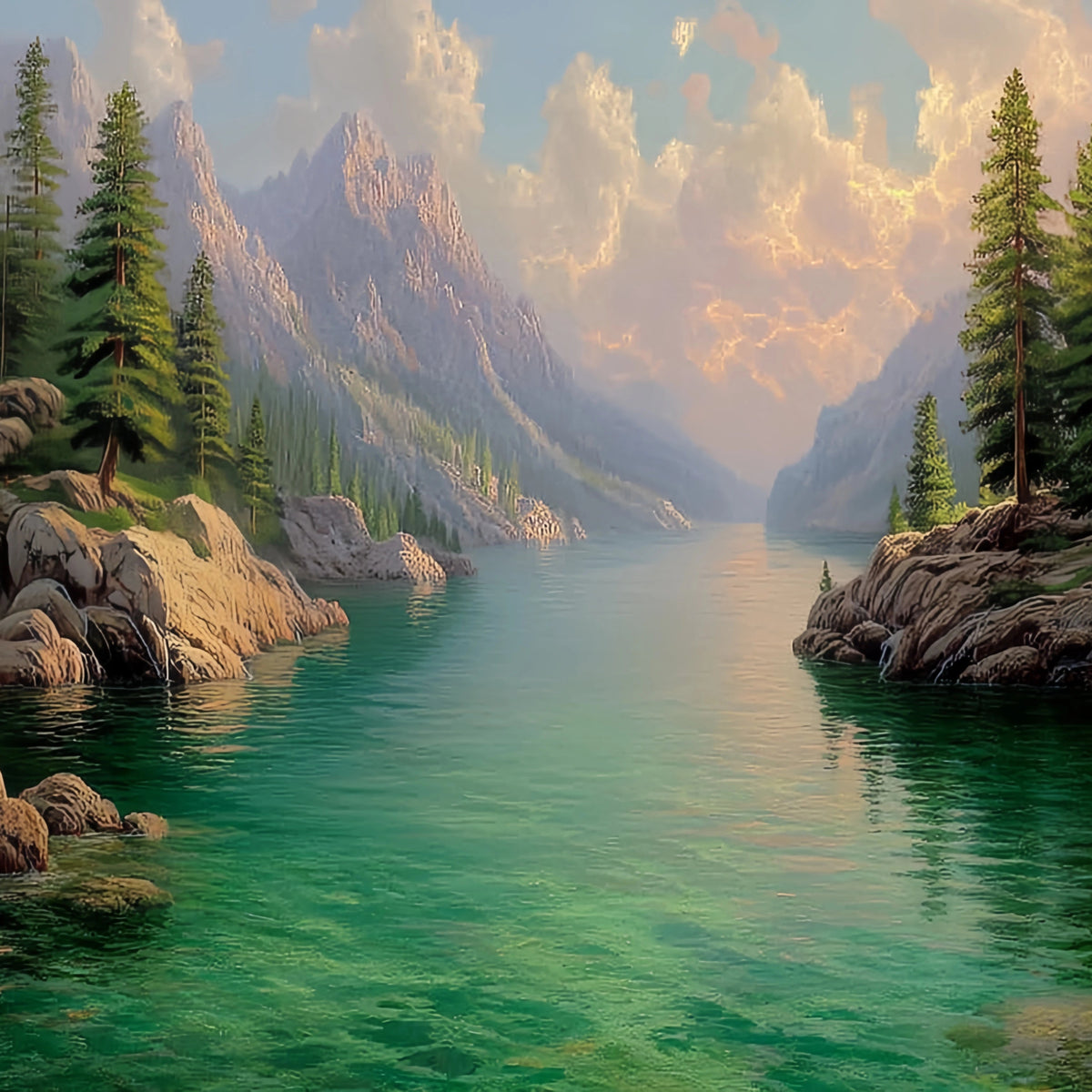Alpine Lake Mountain Landscape Original Oil Painting For Sale - Oil Painting Haven