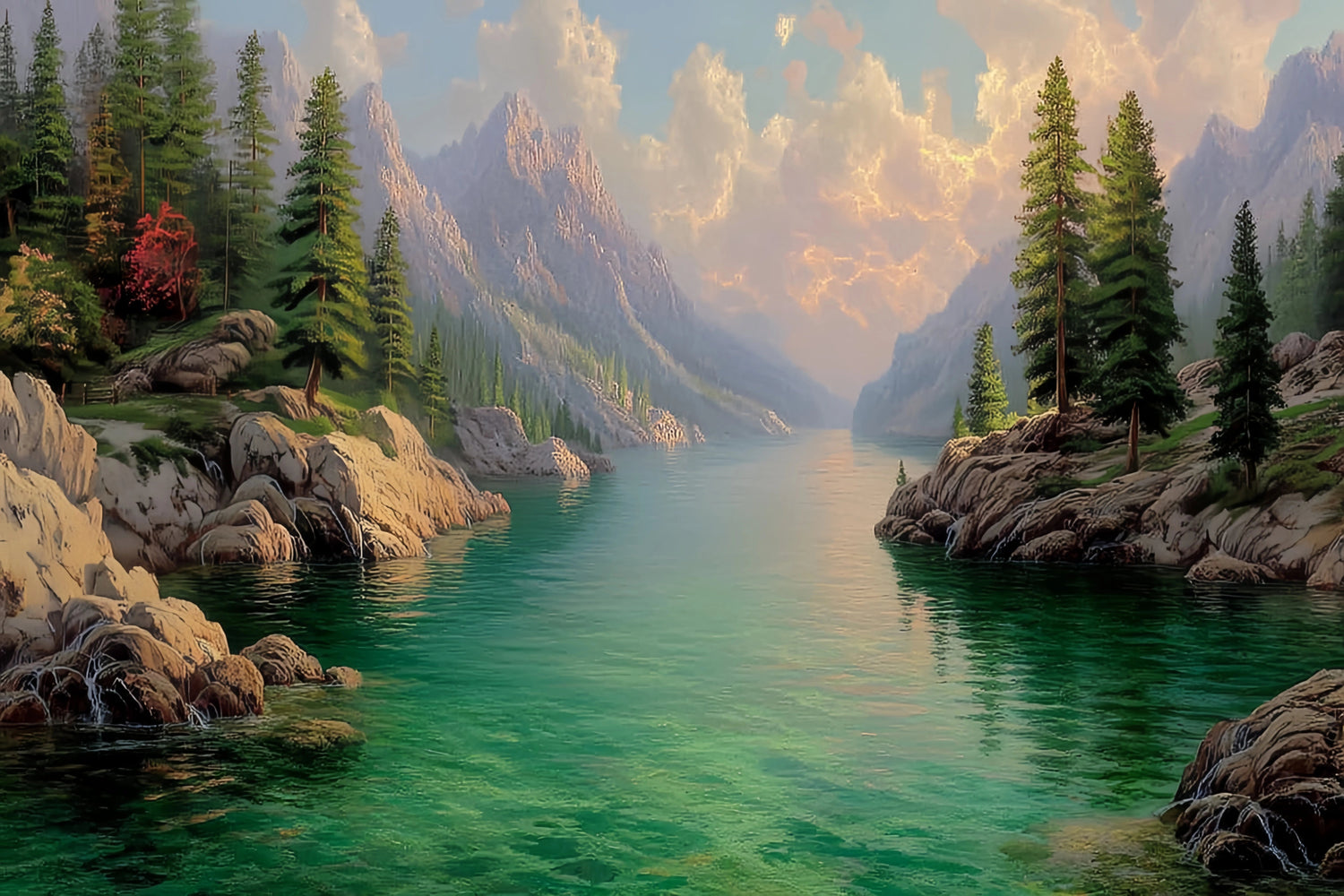 Alpine Lake Mountain Landscape Original Oil Painting For Sale - Oil Painting Haven