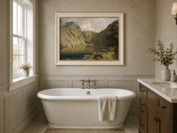 Framed hand-painted alpine lake valley oil painting with a waterfall and rugged mountains displayed above a freestanding bathtub.