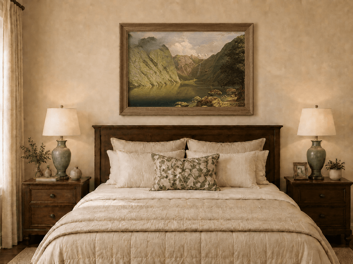 Framed hand-painted alpine lake valley oil painting with a waterfall and rugged mountains displayed above a wooden bed in a neutral bedroom.