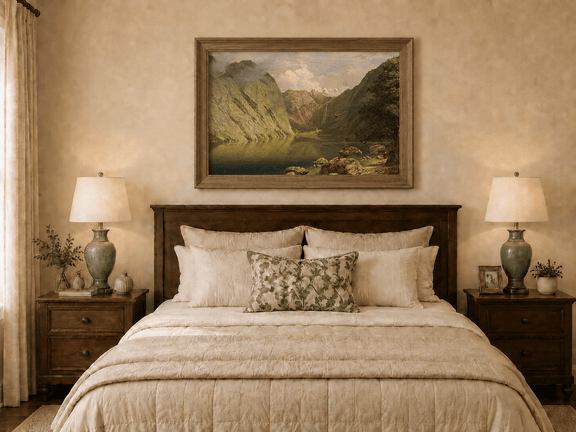 Framed hand-painted alpine lake valley oil painting with a waterfall and rugged mountains displayed above a wooden bed in a neutral bedroom.