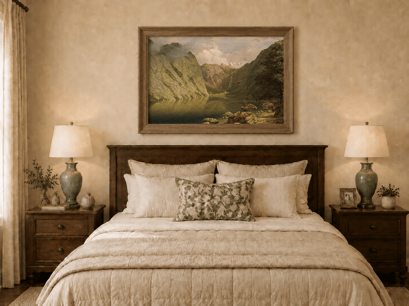 Framed hand-painted alpine lake valley oil painting with a waterfall and rugged mountains displayed above a wooden bed in a neutral bedroom.