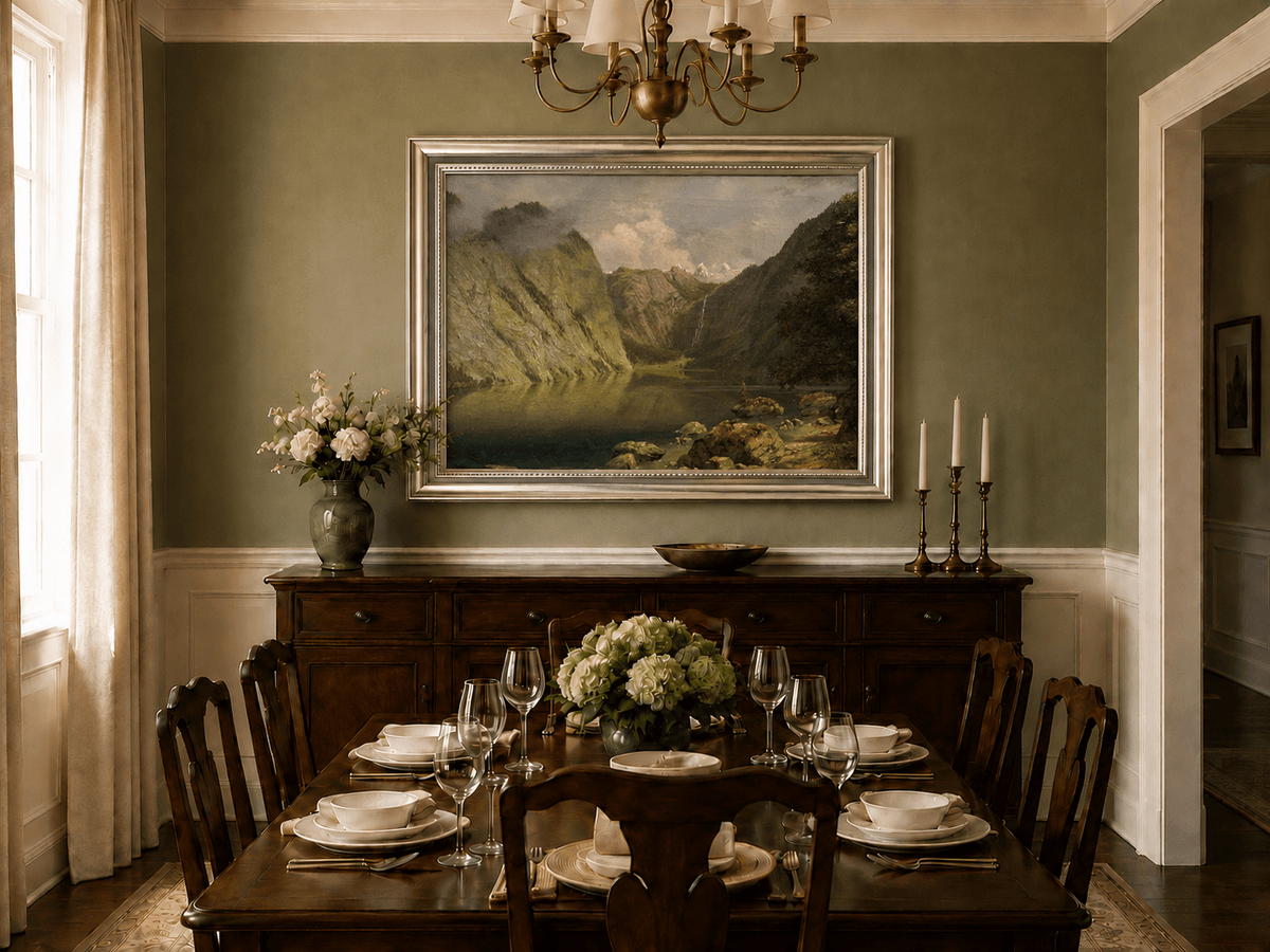 Framed hand-painted alpine lake valley oil painting with a waterfall and rugged mountains displayed above a formal dining table.