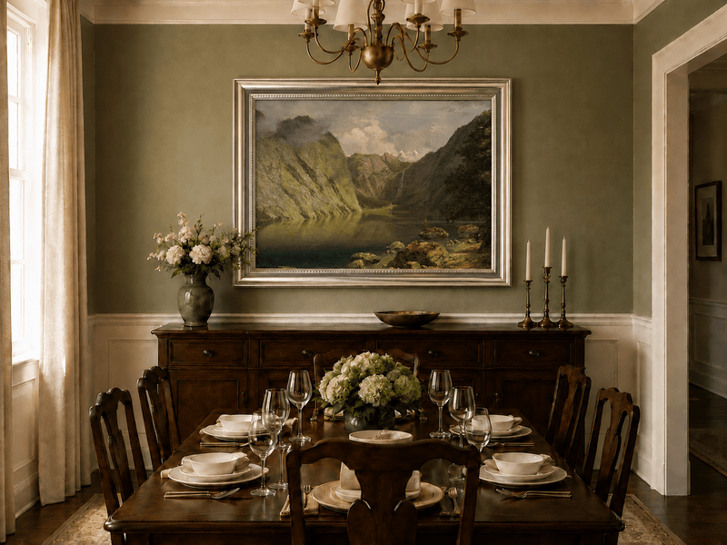 Framed hand-painted alpine lake valley oil painting with a waterfall and rugged mountains displayed above a formal dining table.