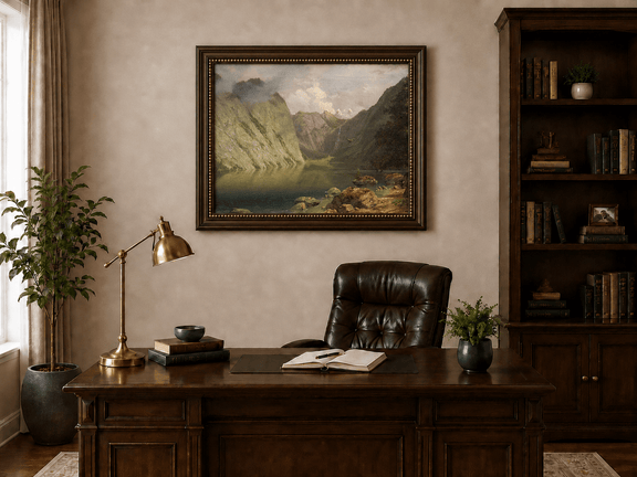 Framed hand-painted alpine lake valley oil painting with a waterfall and rugged mountains displayed above a traditional home office desk.