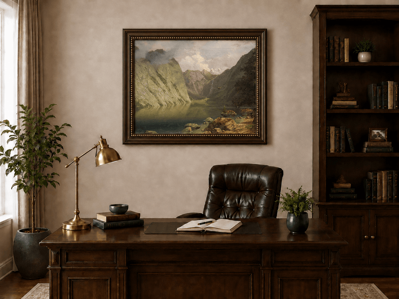 Framed hand-painted alpine lake valley oil painting with a waterfall and rugged mountains displayed above a traditional home office desk.