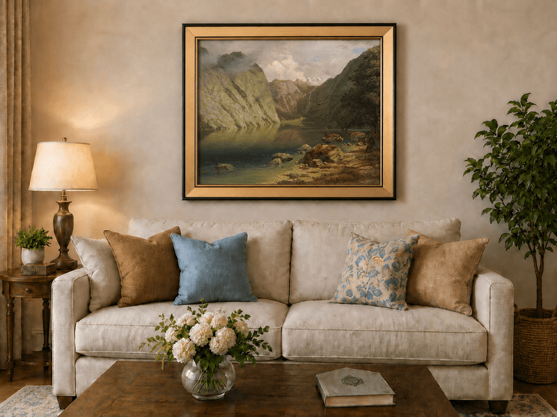 Framed hand-painted alpine lake valley oil painting with a waterfall and rugged mountains displayed above a neutral living room sofa.