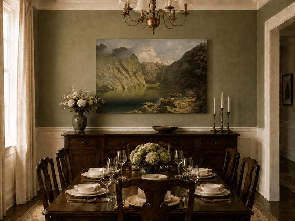 Unframed hand-painted alpine lake valley oil painting with a waterfall and rugged mountains displayed above a formal dining table.