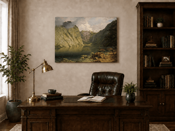 Unframed hand-painted alpine lake valley oil painting with a waterfall and rugged mountains displayed above a traditional home office desk.