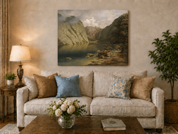Unframed hand-painted alpine lake valley oil painting with a waterfall and rugged mountains displayed above a neutral living room sofa.