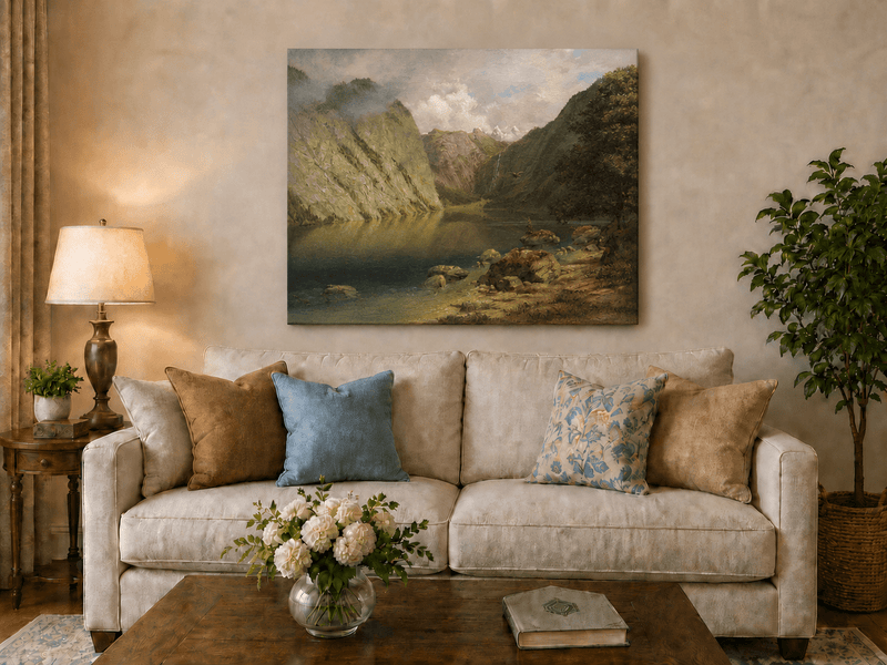 Unframed hand-painted alpine lake valley oil painting with a waterfall and rugged mountains displayed above a neutral living room sofa.
