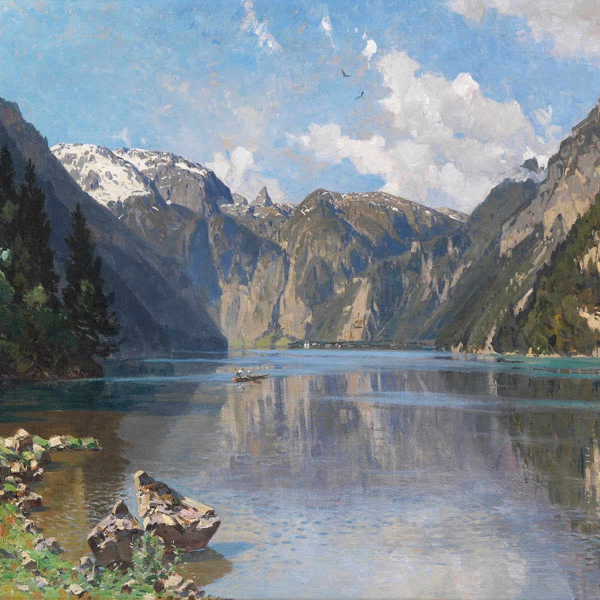 Hand-painted alpine lake with mountain reflections landscape oil painting on canvas