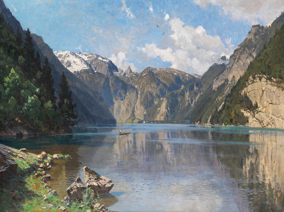 Hand-painted alpine lake with mountain reflections landscape oil painting on canvas
