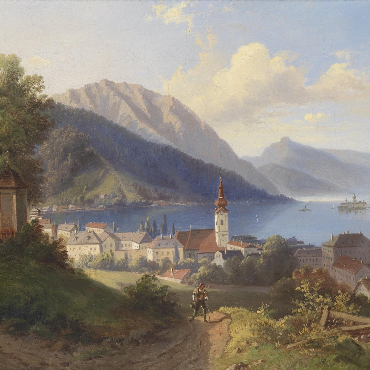 Alpine Lakeside Town | Hand - Painted Landscape Oil Painting - Oil Painting Haven
