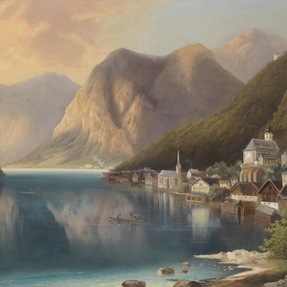 Alpine Lakeside Village at Dusk | Hand - Painted Landscape Oil Painting - Oil Painting Haven