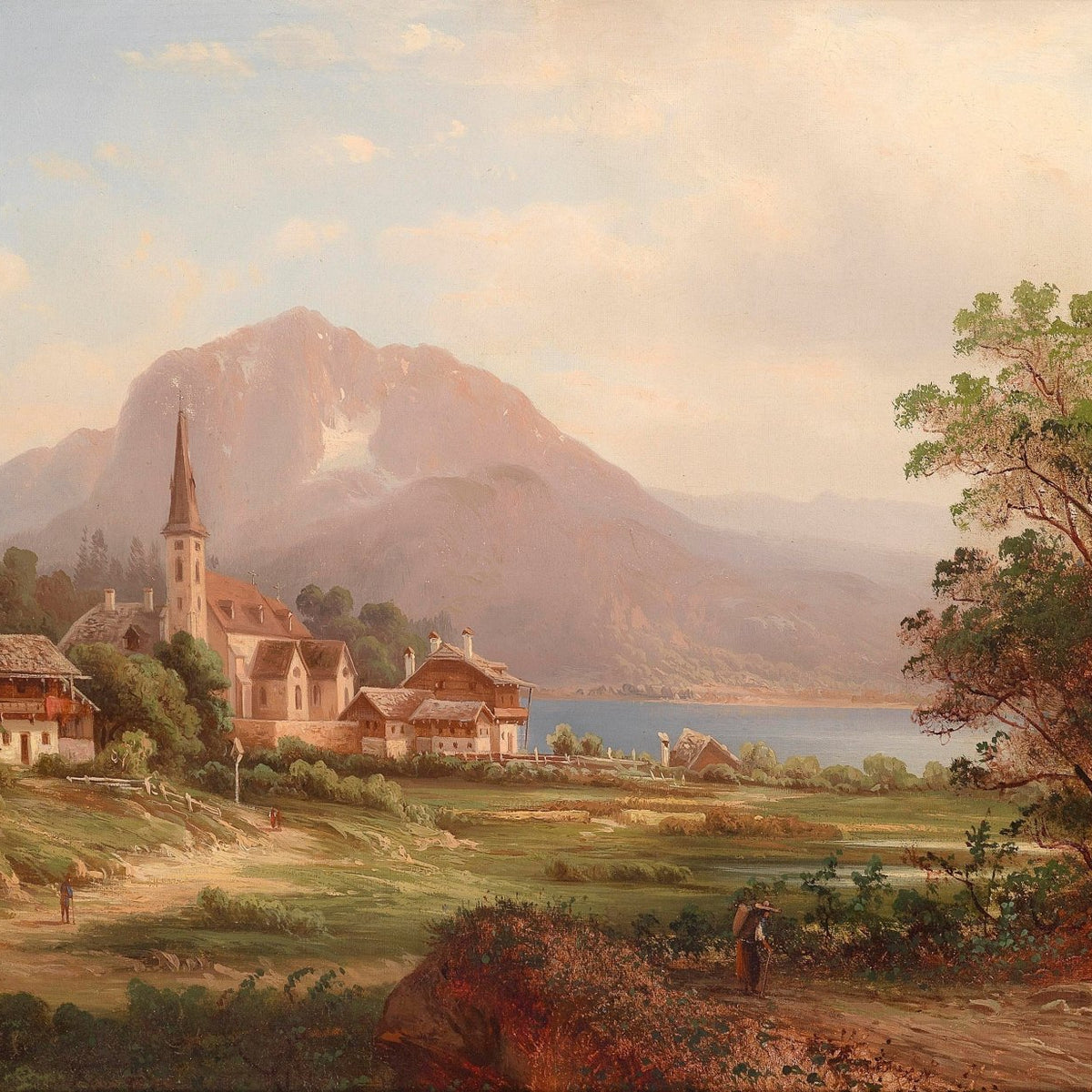 Alpine Lakeside Village with Church | Hand - Painted Landscape Oil - Oil Painting Haven