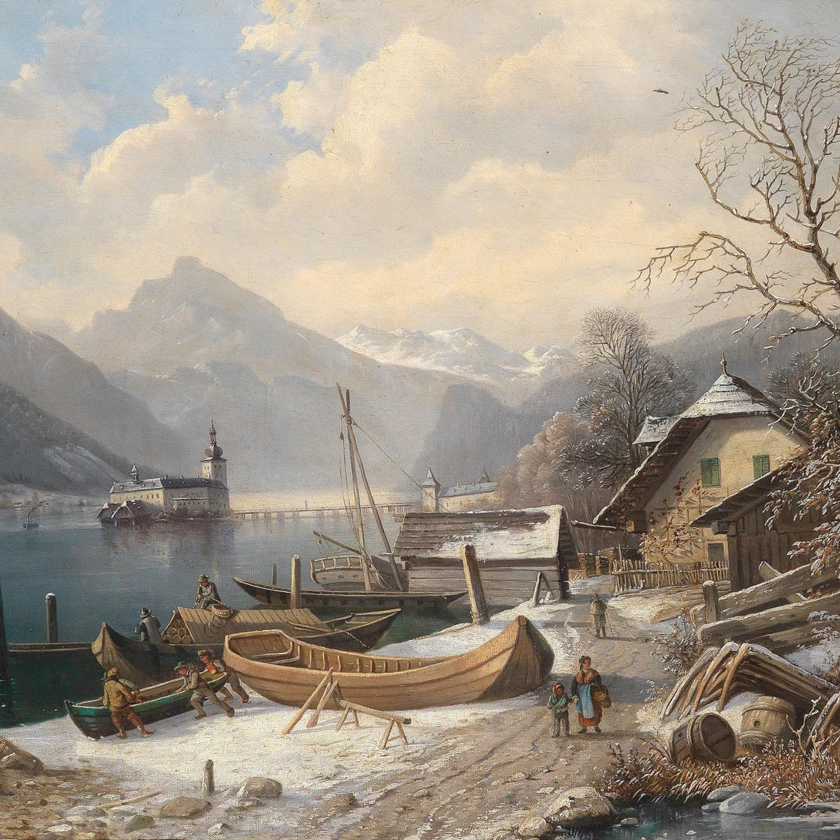 Alpine Lakeside Winter Village, Boats – Landscape Oil Painting - Oil Painting Haven