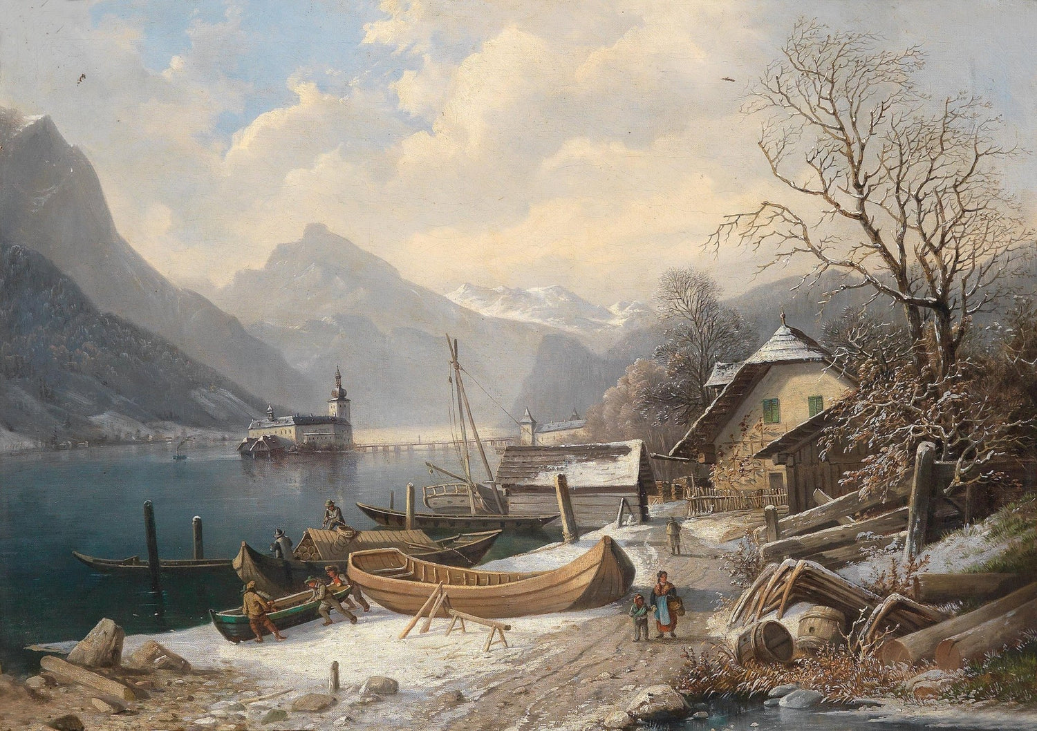 Alpine Lakeside Winter Village, Boats – Landscape Oil Painting - Oil Painting Haven