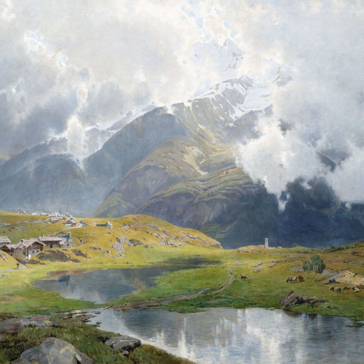 Alpine Meadow and Snowy Peaks | Hand - Painted Landscape Oil Painting - Oil Painting Haven