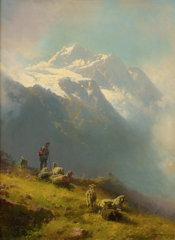 Alpine Mountain Landscape Oil Painting, Hand - Painted Shepherd Scene - Oil Painting Haven