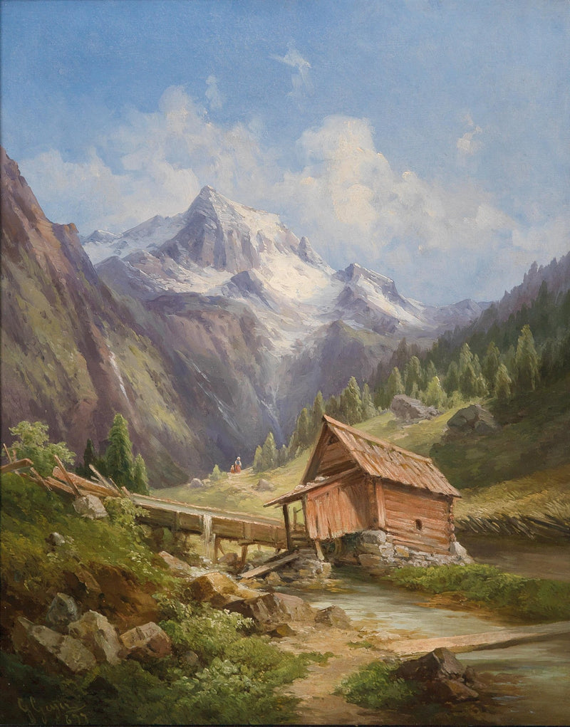 Alpine Mountain Landscape Oil Painting with Cabin, Hand - Painted - Oil Painting Haven