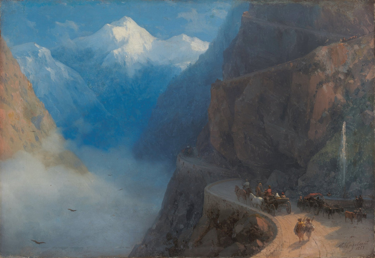Alpine Mountain Pass with Carriage Road - Landscape Oil Painting - Oil Painting Haven