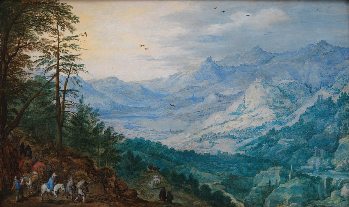 Alpine Mountain Valley with Travelers - Landscape Oil Painting - Oil Painting Haven