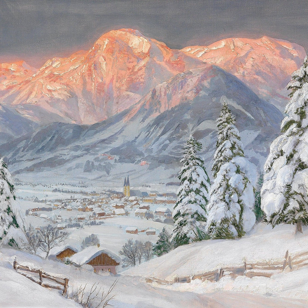 Alpine Town, Pink Mountain Peaks – Landscape Oil Painting - Oil Painting Haven