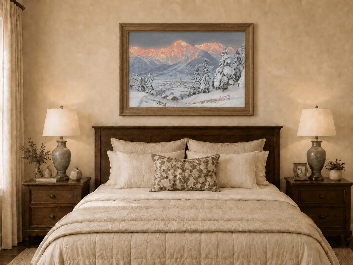 Framed hand-painted alpine town oil painting beneath glowing pink mountain peaks displayed above a wooden bed in a neutral bedroom.